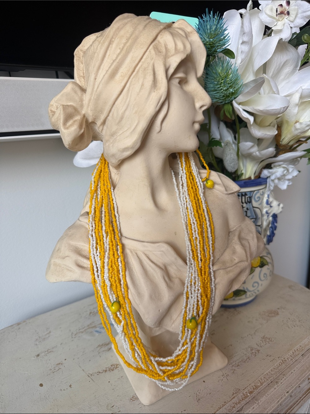 Antica, Sartoria, multi strand Yellow and White Beaded Necklace w lemon charms